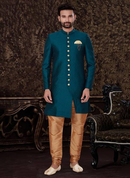 Sea Green Colour outluk vol 27 Wedding Wear Semi Jacquard Silk With Self Emboss Work Indo Western Mens Wear Collection 27004